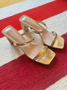 Gold Strappy Block Heel Sandals - Women
